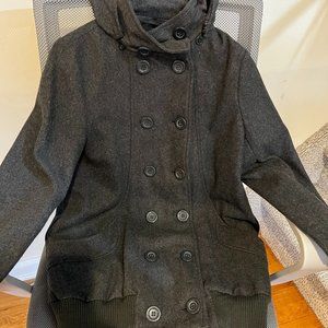 XXi Wool Blend Peacoat With Hoodie, Button Front Jacket Gray- Size Small